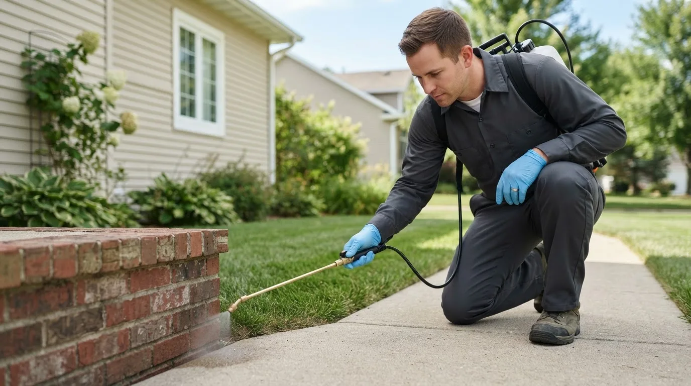 Pest control technician treating a home near North Miami, OK